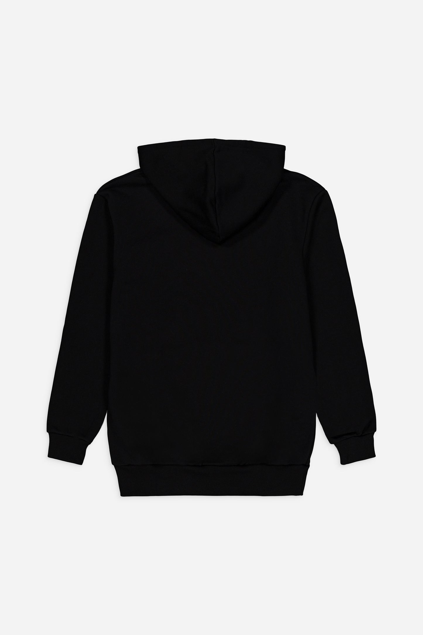 Un sweat-shirt à capuche noir uni de Worshipperlifestyle en coupe ajustée moderne est présenté à plat sur un fond blanc de dos, avec une capuche, des manches longues avec des poignets côtelés et un ourlet côtelé sans motifs ni logos.