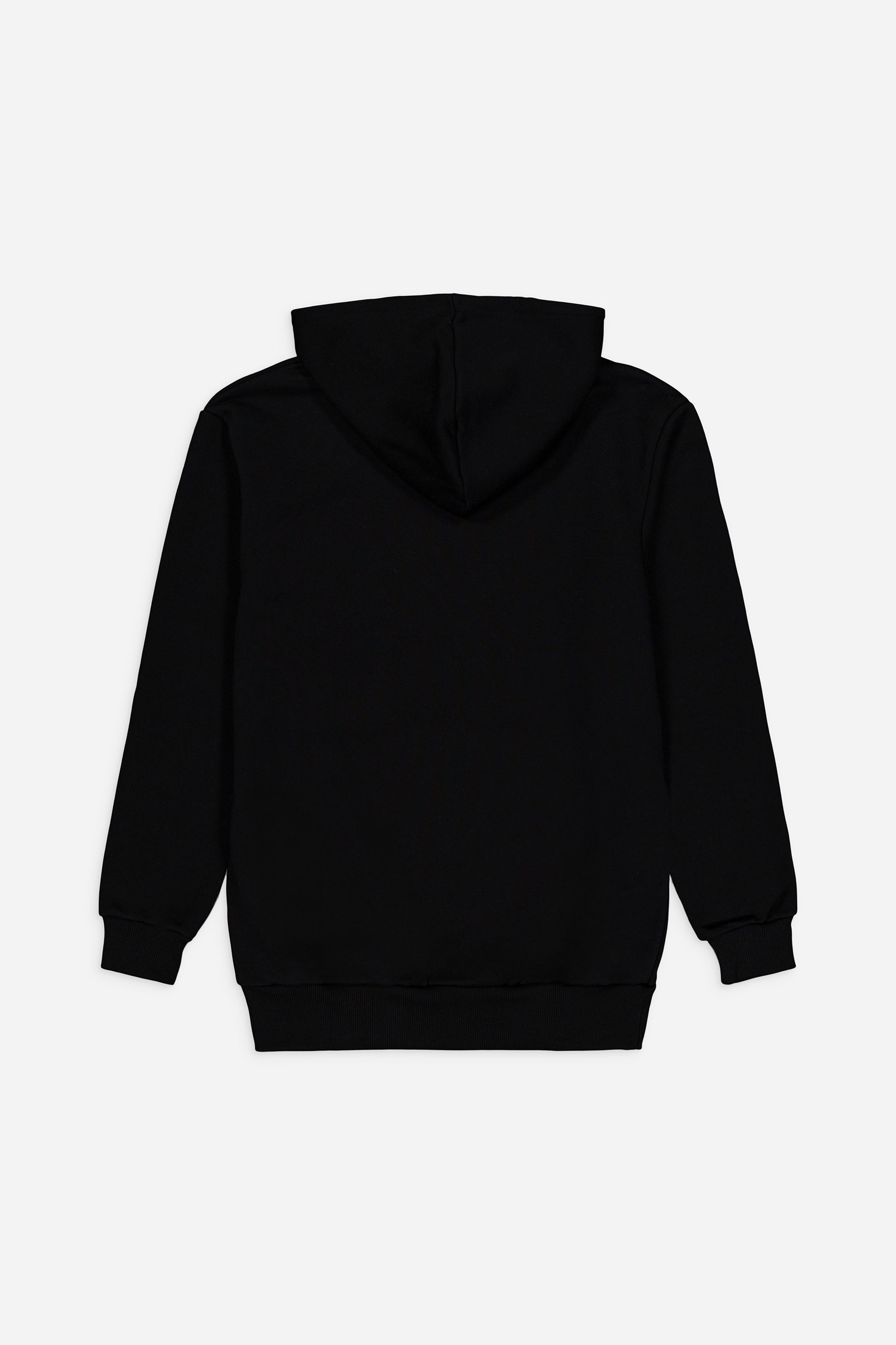 Un sweat-shirt à capuche noir uni de Worshipperlifestyle en coupe ajustée moderne est présenté à plat sur un fond blanc de dos, avec une capuche, des manches longues avec des poignets côtelés et un ourlet côtelé sans motifs ni logos.